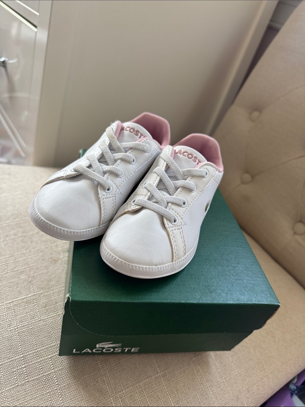 Lacoste Kids White Sneakers with Pink Lining
